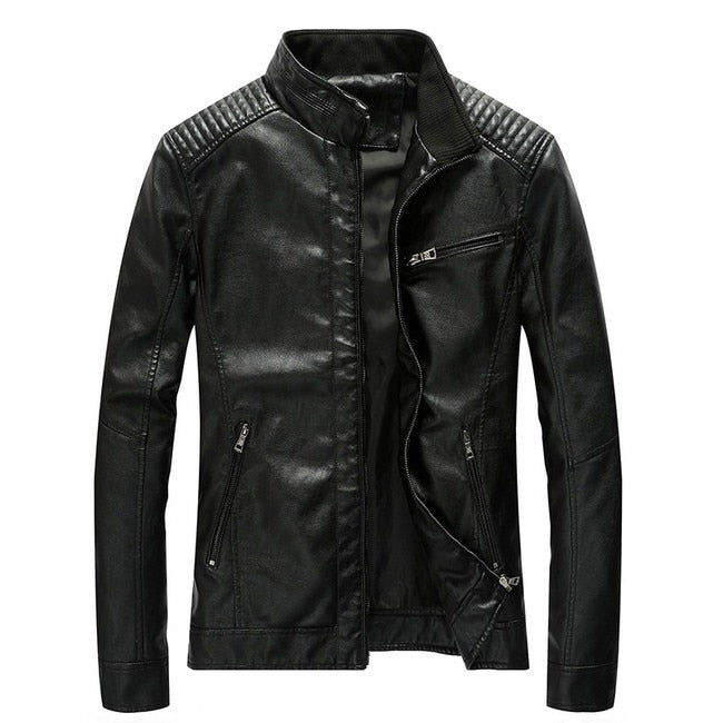 Men's Leather Jacket Stand Collar Motorcycle Pu Casual Slim Fit Coat