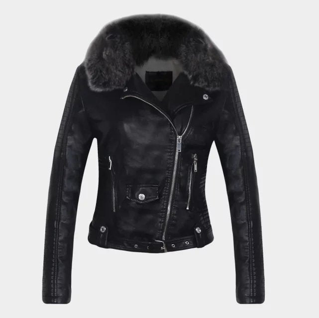 Women's Winter Warm Faux Leather Jackets with Fur Collar Belt Lady  Motorcycle Biker Outerwear Coats