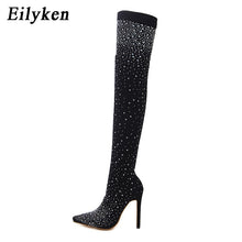 Load image into Gallery viewer, Foxy Fashions Diamond Girlz Collection Pointed Toe Bling Over Knee Boots Crystal Long Sock Women Boots High Heel club Sock Boots
