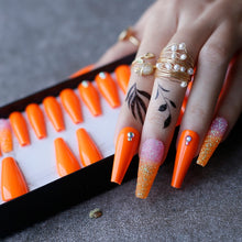 Load image into Gallery viewer, Luxury Black Coffin Spider with Crystal Handmade Painting False Nails Orange Glitter Ombre Press On Nails Gothic
