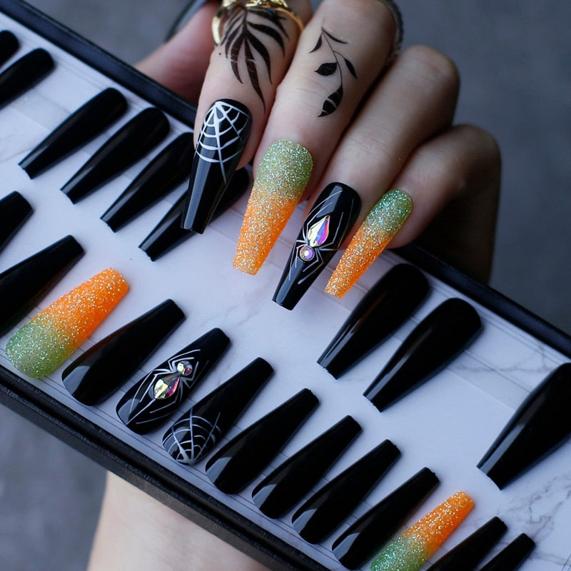 Luxury Black Coffin Spider with Crystal Handmade Painting False Nails Orange Glitter Ombre Press On Nails Gothic