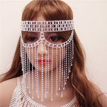 Load image into Gallery viewer, Foxy Fashions Diamond Girlz Collection Luxury Rhinestone Tassel Cover Face Eye Mask Belly Dance Jewelry for Women Sexy Bling Crystal Masquerade Mask Face Accessories
