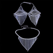 Load image into Gallery viewer, Foxy Fashions Diamond Girlz Collection Tassel Rhinestone Body Chain Bra and Thong for Women Bling Sexy Bikini Set Crystal Cover Up Harness Jewelry Nightclub
