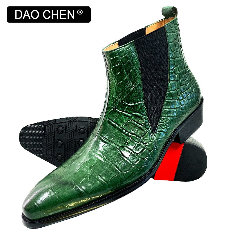 LUXURY MEN'S BOOTS GREEN BLACK CROCODILE PRINT BOOTS