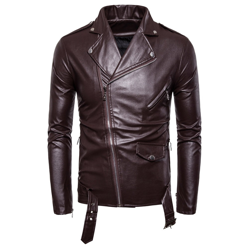 Men's Slim White Leather Jacket Oblique Zipper Motorcycle Jacket Men's Outwear Moto Biker PU Leather Coat