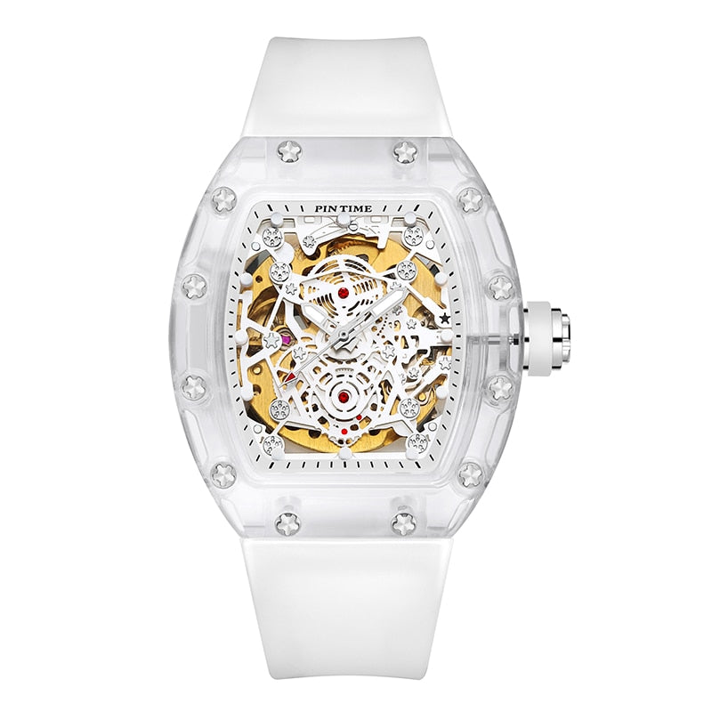 PINTIME Fashion Automatic Mechanical Transparent White Hollow Large Dial Men's Watch