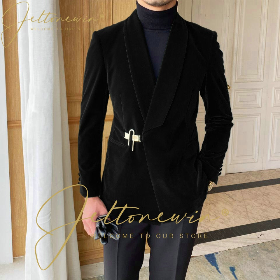 Green Mens Velvet Suits Double Breasted Tailor-Made Tuxedo 2 Pieces Blazer Pant Wedding Party Groom