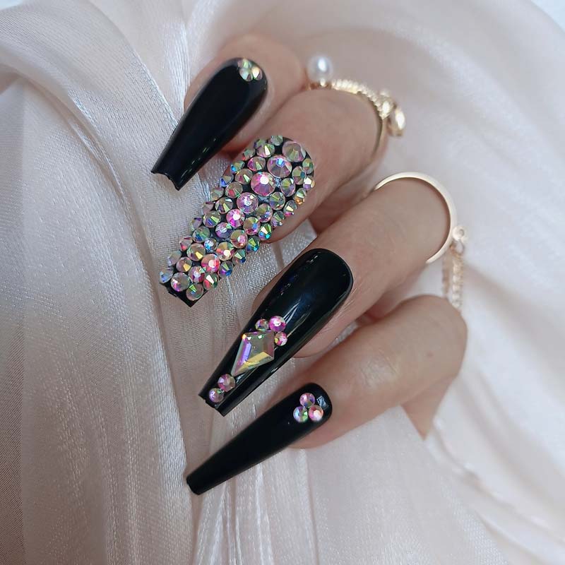 24pcs Latest Luxury Jewelry Ballet Coffin Fake Nails Crystal Diamond Black