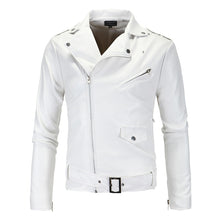 Load image into Gallery viewer, Men&#39;s Slim White Leather Jacket Oblique Zipper Motorcycle Jacket Men&#39;s Outwear Moto Biker PU Leather Coat
